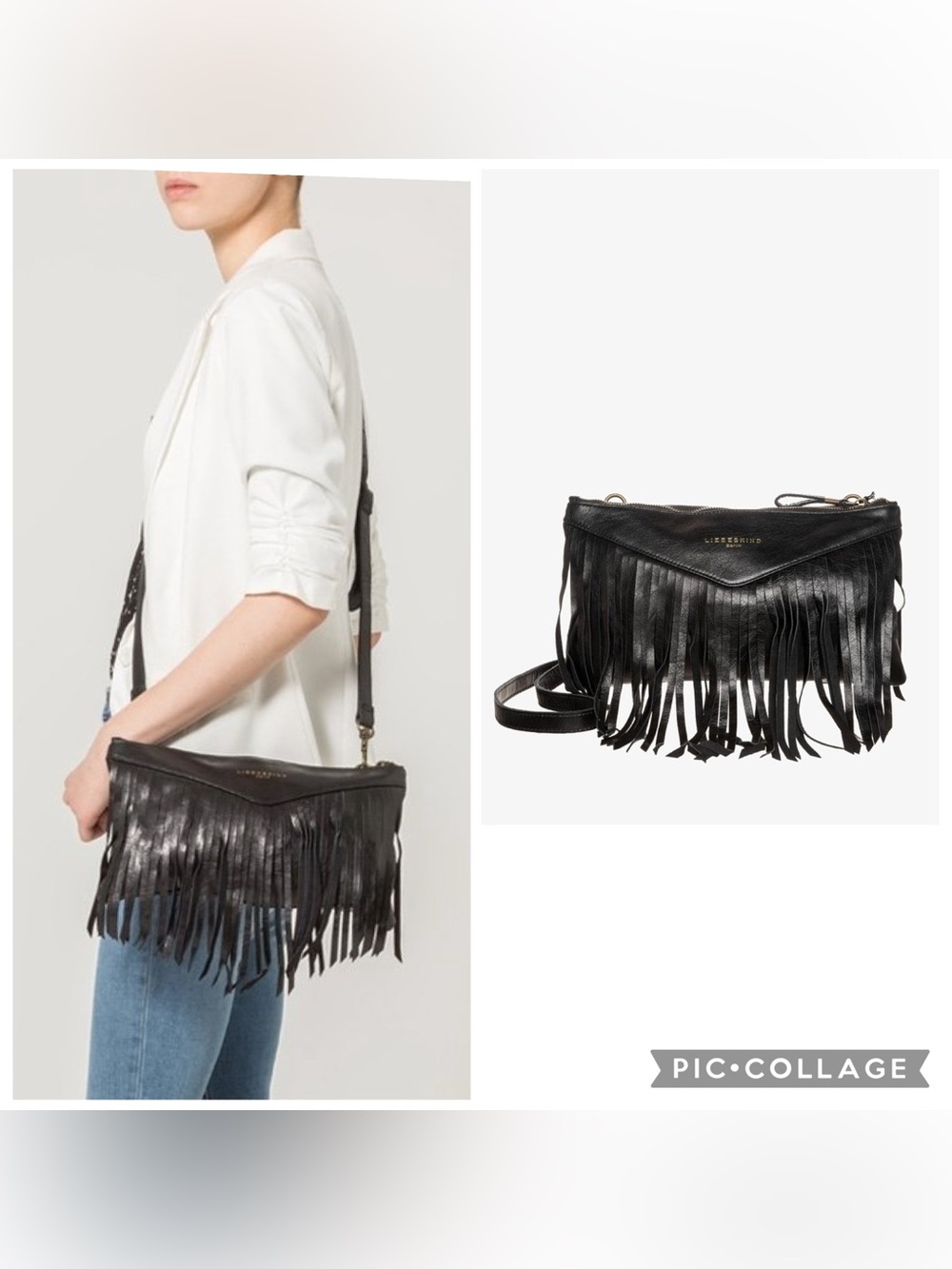 Liebeskind Berlin Black Leather Fringe Crossbody Boho Festival Bag